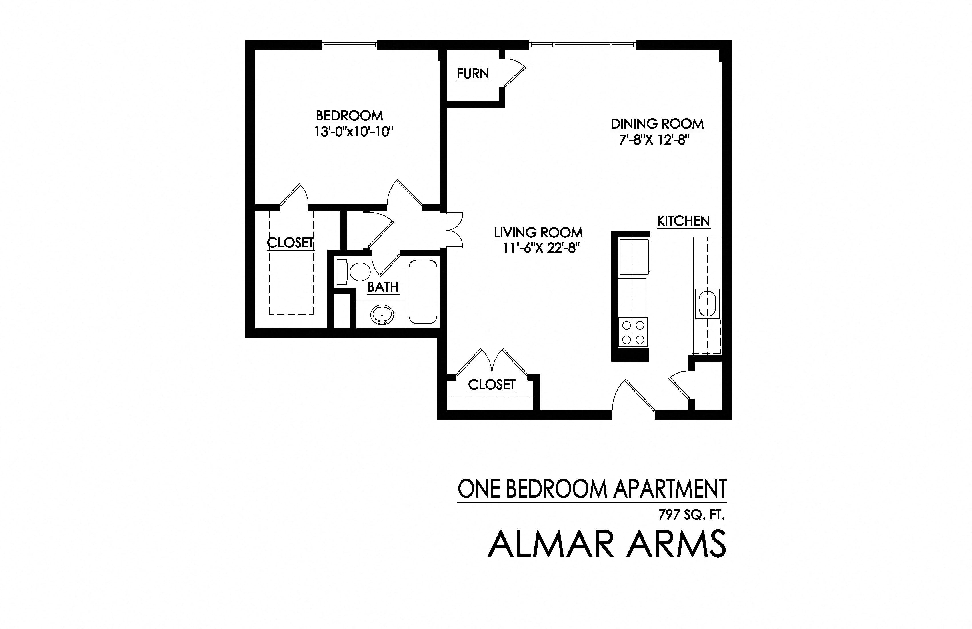 Floor plan for 1 bed, 1 bath, 797 sqft